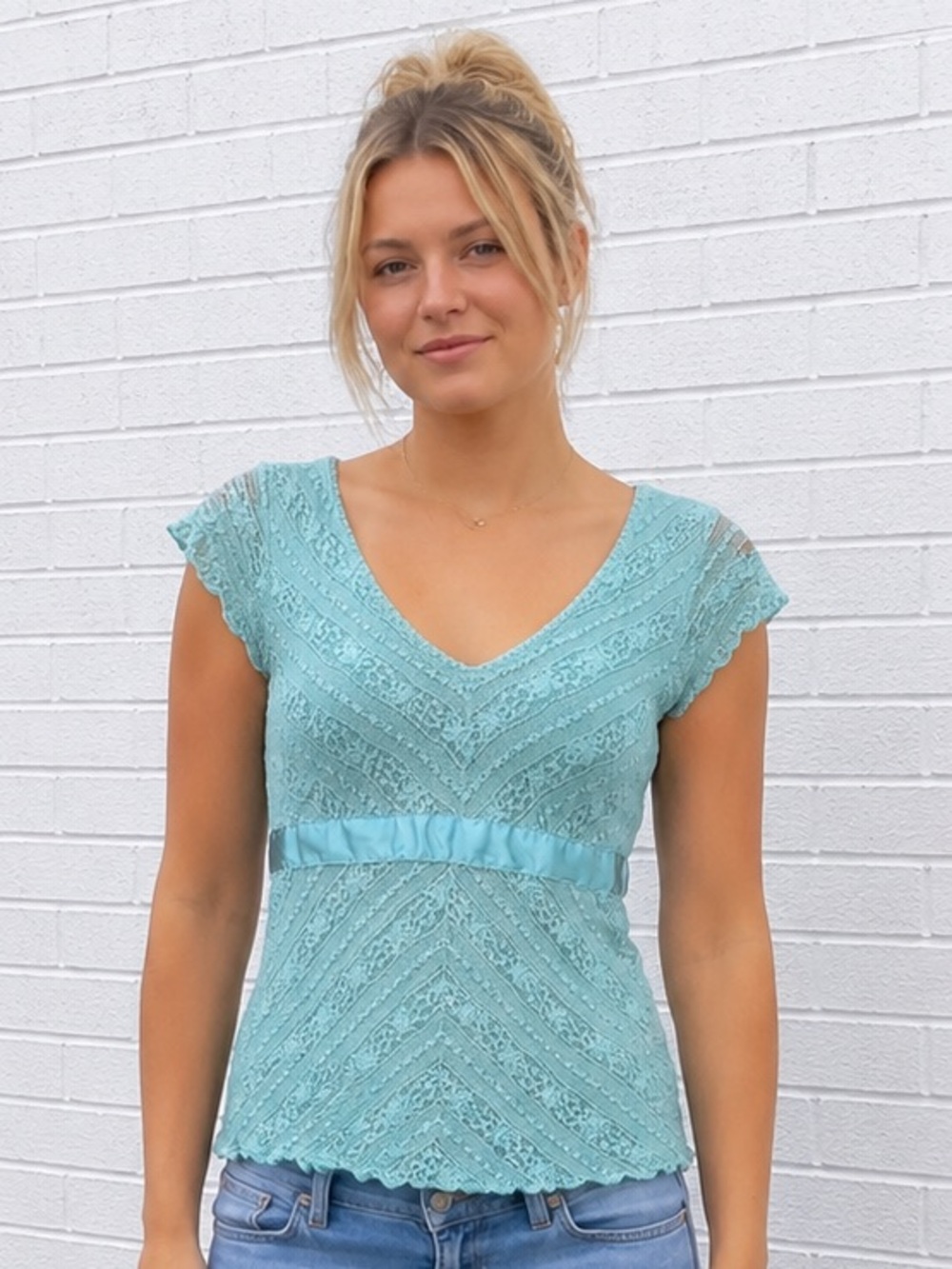 Vintage Y2K Aqua blue Lace Top Size Small babydoll Fairycore Romantic v-neck top